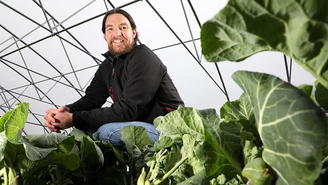 Neil Rudisill poses among plants inside his greenhouse